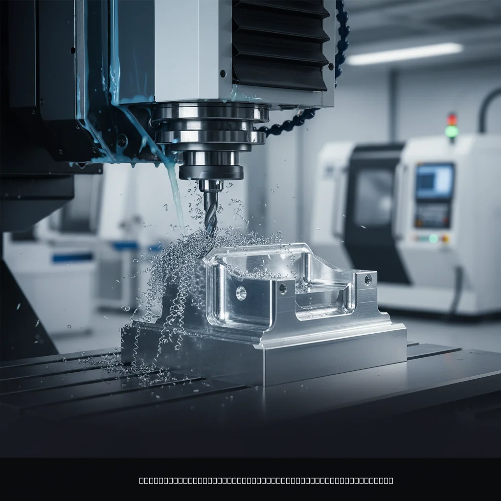 CNC machining center performing rapid prototyping precision engineering on a metal component