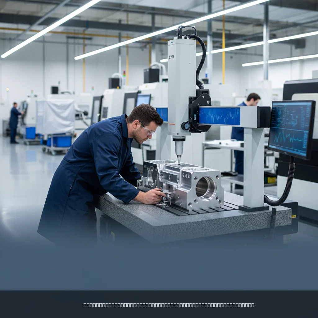 Quality inspector measuring precision CNC part as part of quality assurance custom manufacturing process