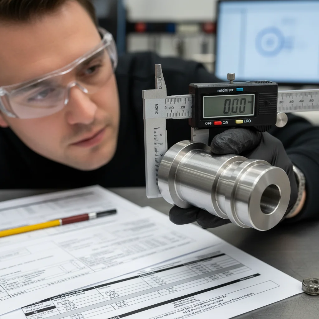 CNC machinist performing material selection machined parts quality inspection with precision measurement tools