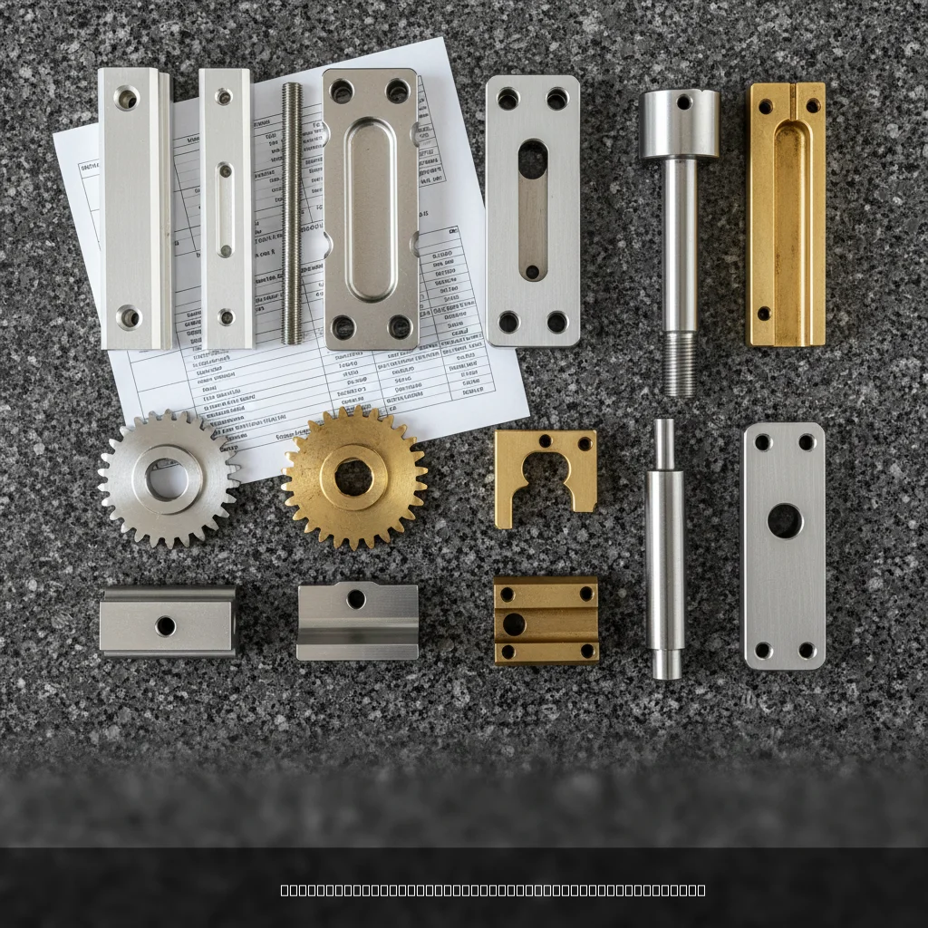 material selection machined parts overview showing various CNC machined components in different materials