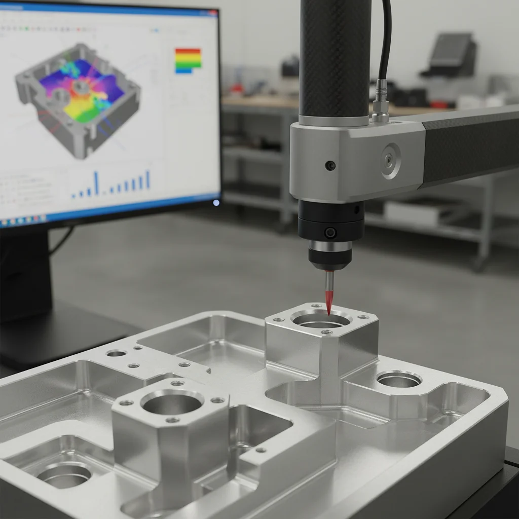 CMM inspection dimensional accuracy showing touch probe measuring complex aluminum machined part with measurement data display