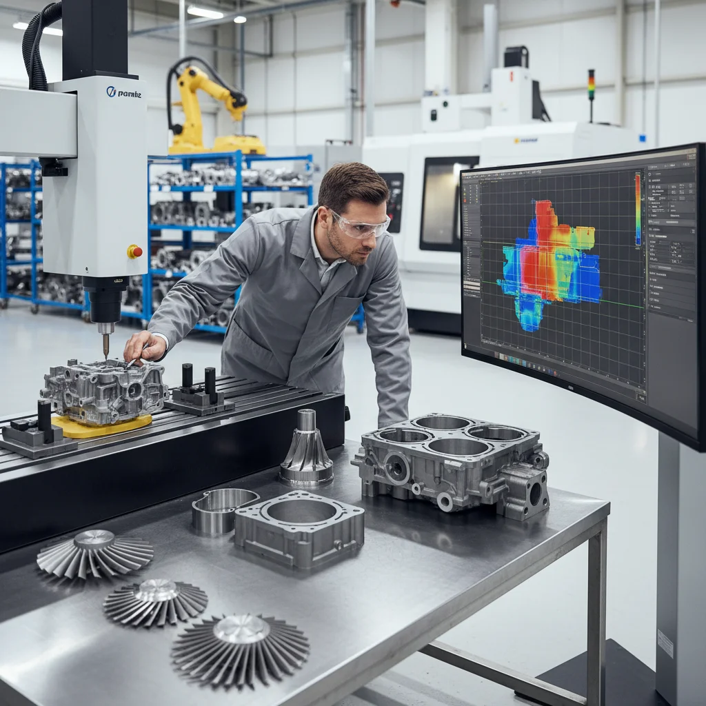 Quality engineer reviewing CMM inspection dimensional accuracy color deviation map for precision manufactured parts