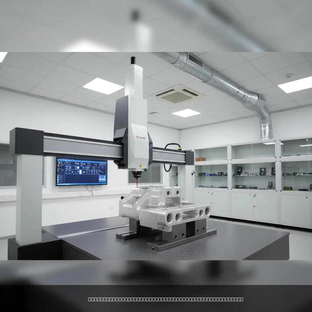 CMM inspection dimensional accuracy process showing coordinate measuring machine probing a precision metal part in a metrology lab
