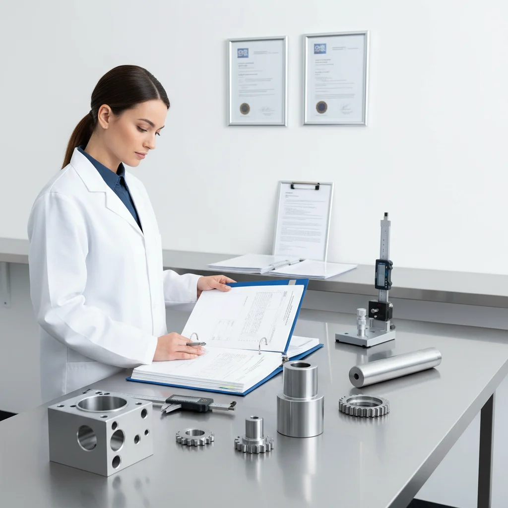Quality engineer conducting first article inspection in an ISO 9001 precision manufacturing environment