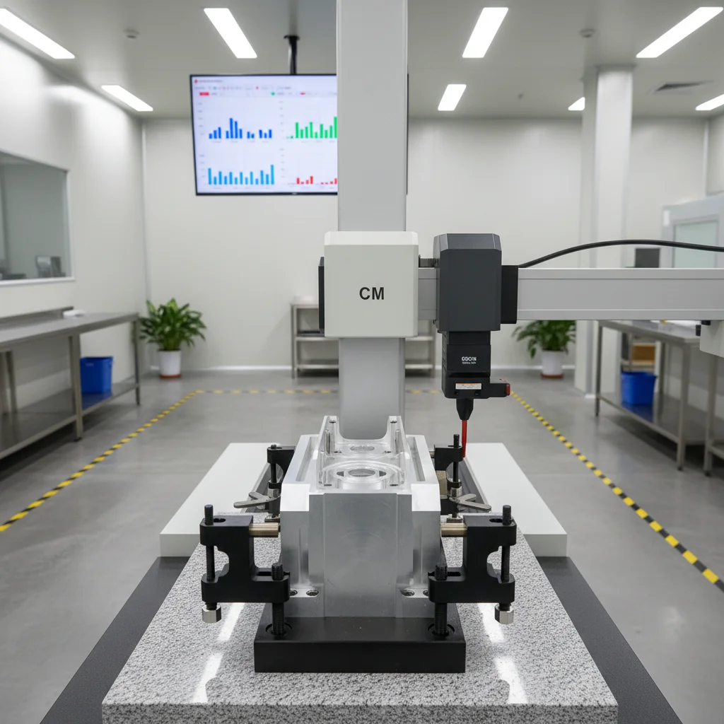 Coordinate measuring machine inspecting precision components in ISO 9001 certified precision manufacturing facility