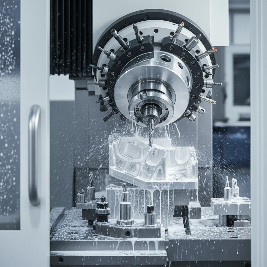 5-axis CNC machine manufacturing complex aluminum aerospace component with tight tolerances
