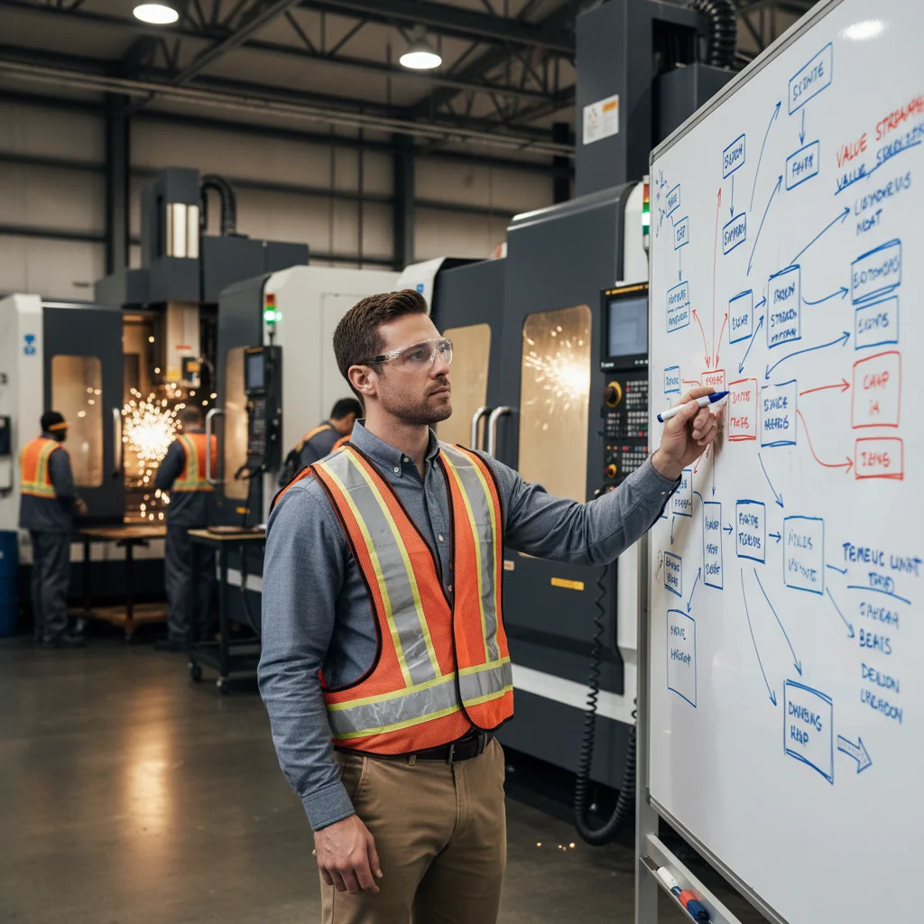 Engineer reviewing value stream map for reducing manufacturing lead times using lean principles