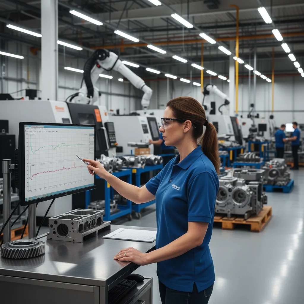 Quality engineer analyzing SPC data from quality control checkpoints to drive continuous improvement in precision manufacturing