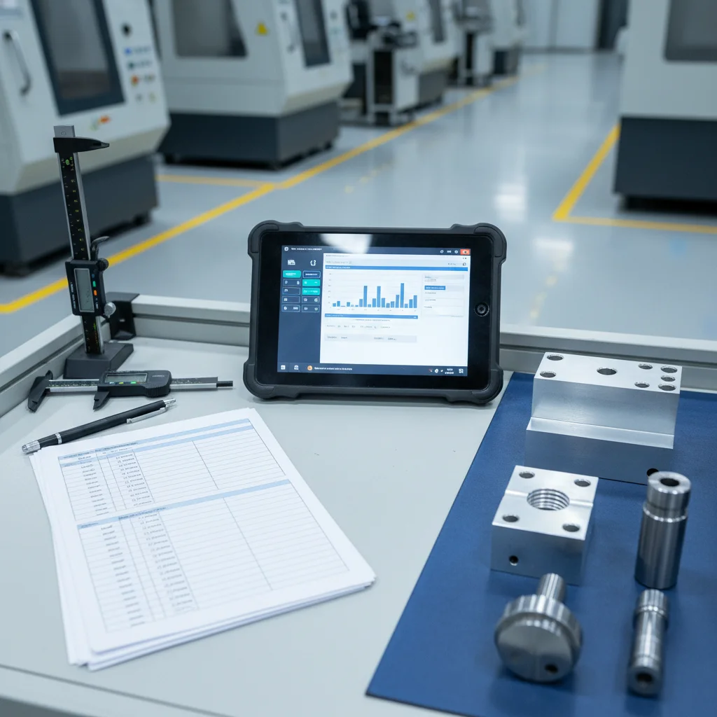 Quality control checkpoint documentation workstation showing checklists and precision measurement tools for implementing quality control checkpoints