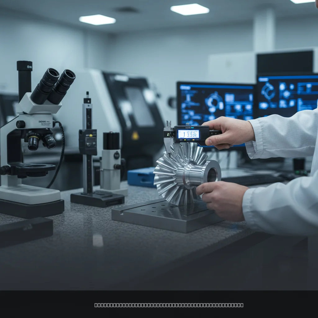 Quality technician implementing quality control checkpoints on a precision machined metal component
