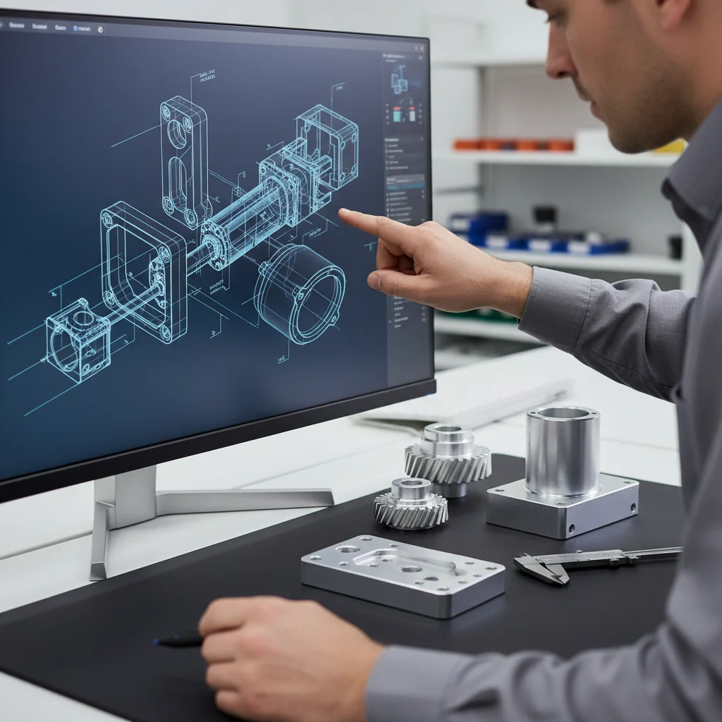 engineer reviewing multi-part assembly manufacturing CAD design with precision machined components on desk