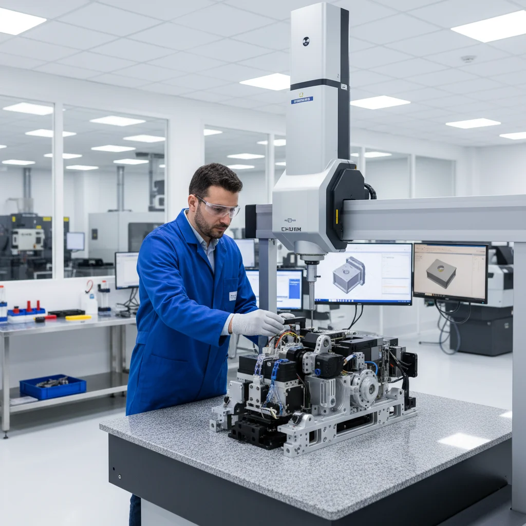 quality inspector using CMM to validate finished multi-part assembly manufacturing product dimensions