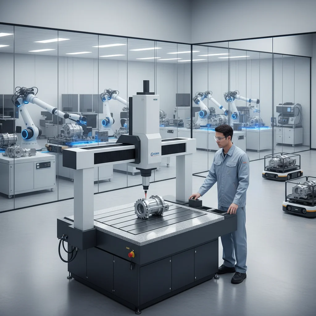 quality engineer inspecting precision parts during automated manufacturing transition using CMM measurement equipment