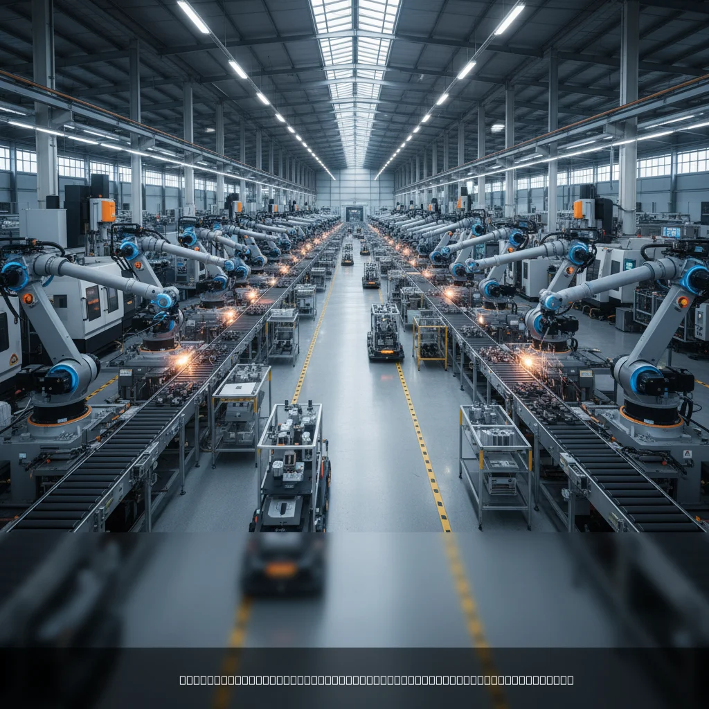 automated manufacturing transition overview showing modern factory floor with CNC machines and robotic automation systems