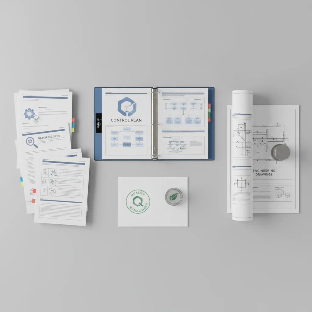 Organized manufacturing documents showing batch records and control plans for documenting manufacturing processes