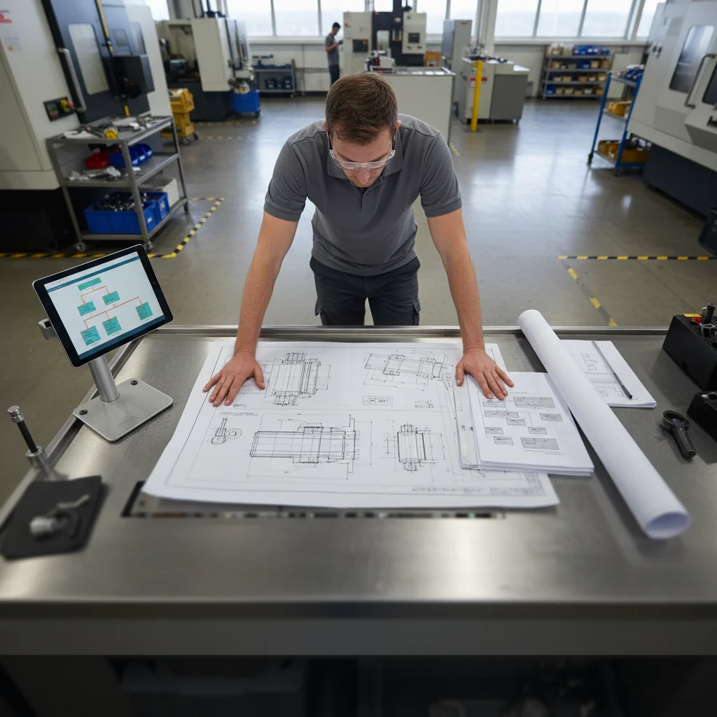 Engineer reviewing documentation for documenting manufacturing processes at a CNC workstation