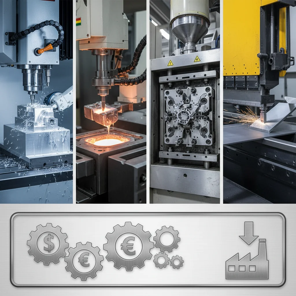 Comparison of manufacturing processes for cost-effective custom manufacturing including CNC, die casting, injection molding, and sheet metal