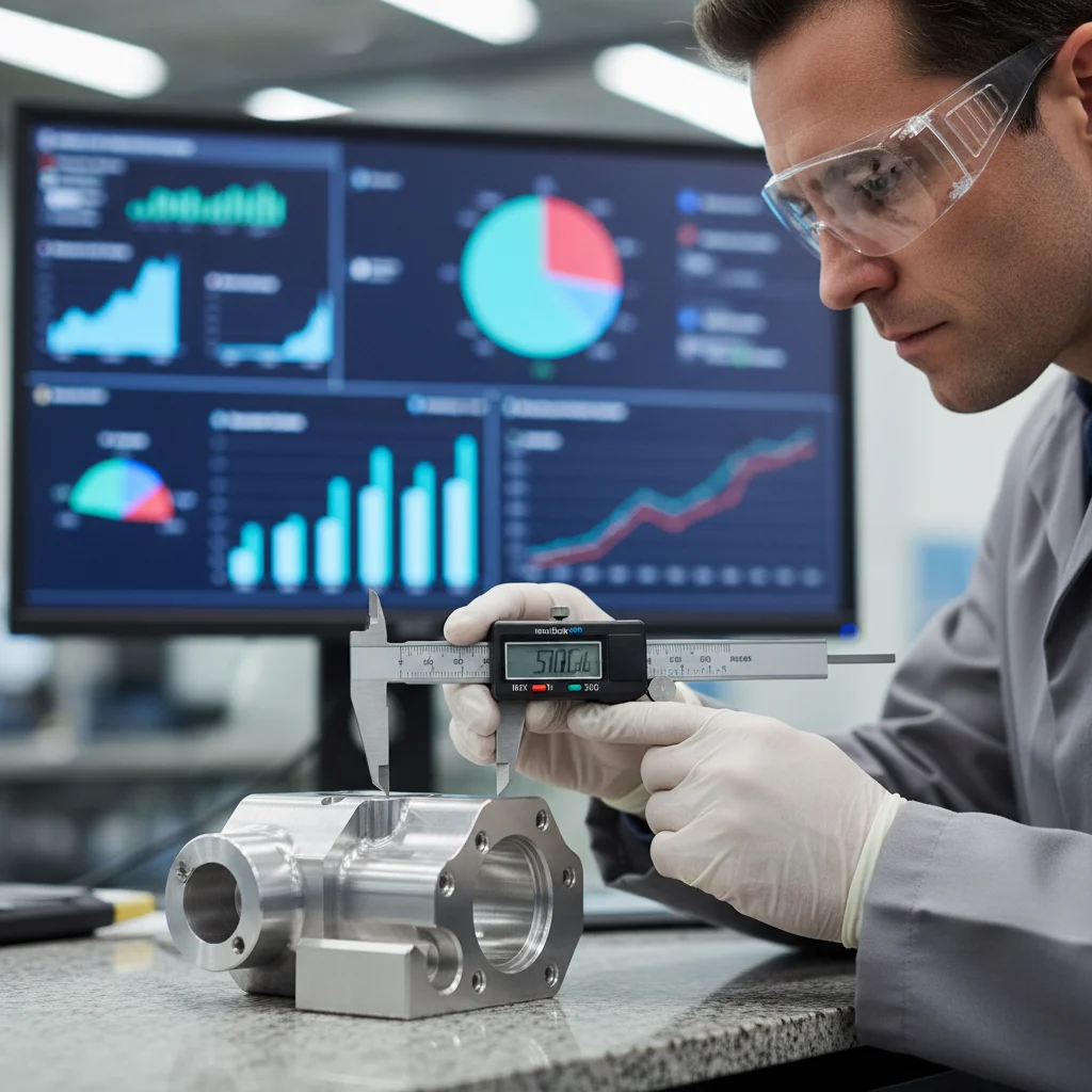 quality inspector measuring precision parts for on-time manufacturing delivery verification using OTD OTIF FTR metrics