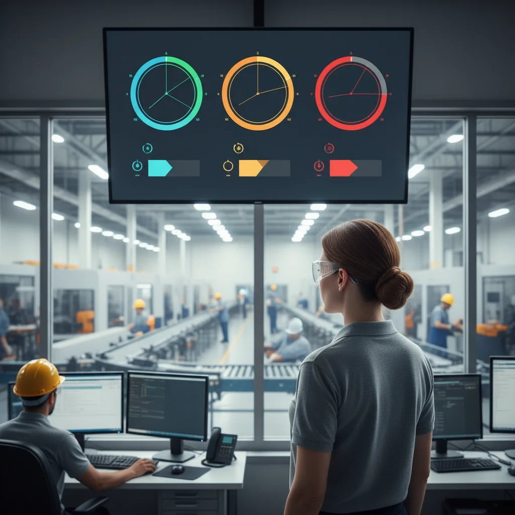 Manufacturing manager reviewing manufacturing performance indicators on a KPI dashboard in a factory control room