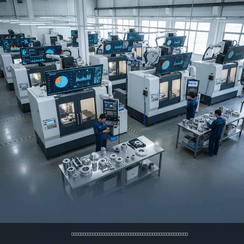 Manufacturing performance indicators displayed on digital dashboards in a CNC machining facility
