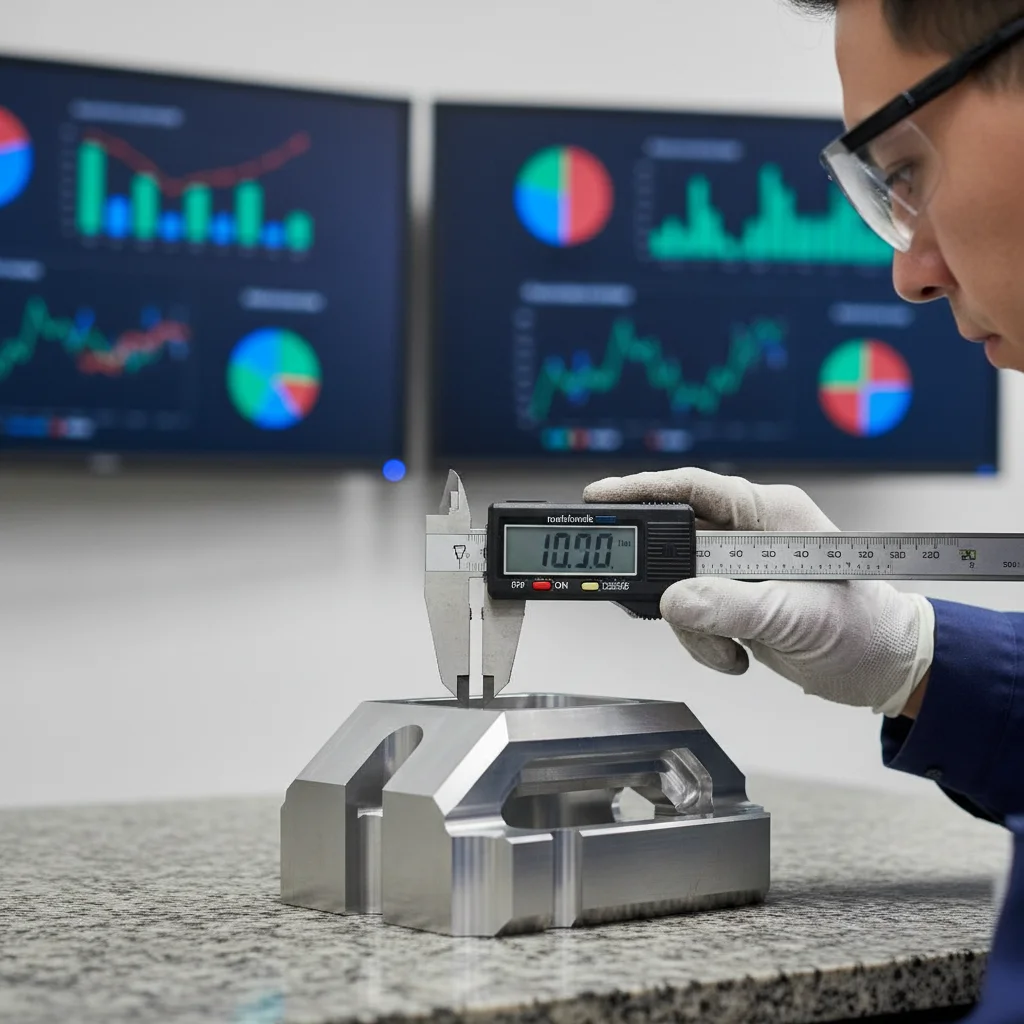 Precision engineer measuring manufacturing performance indicators including quality KPIs for CNC machined parts