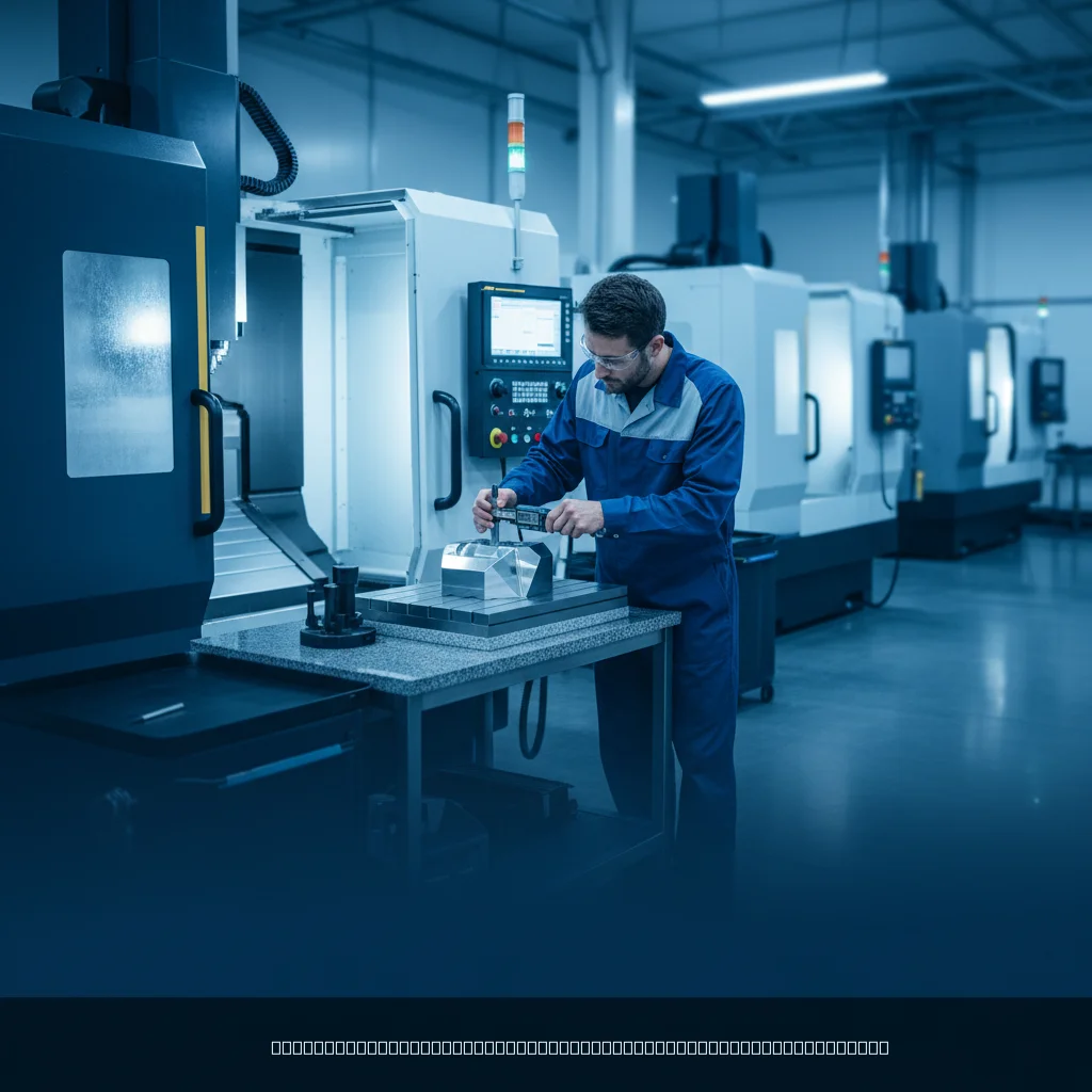 CNC machining technician performing precision manufacturing defects prevention inspection with micrometer