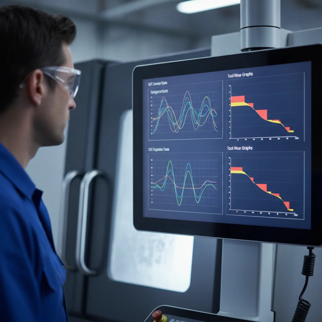Advanced CNC technologies with AI and IoT integration showing real-time tool monitoring dashboard
