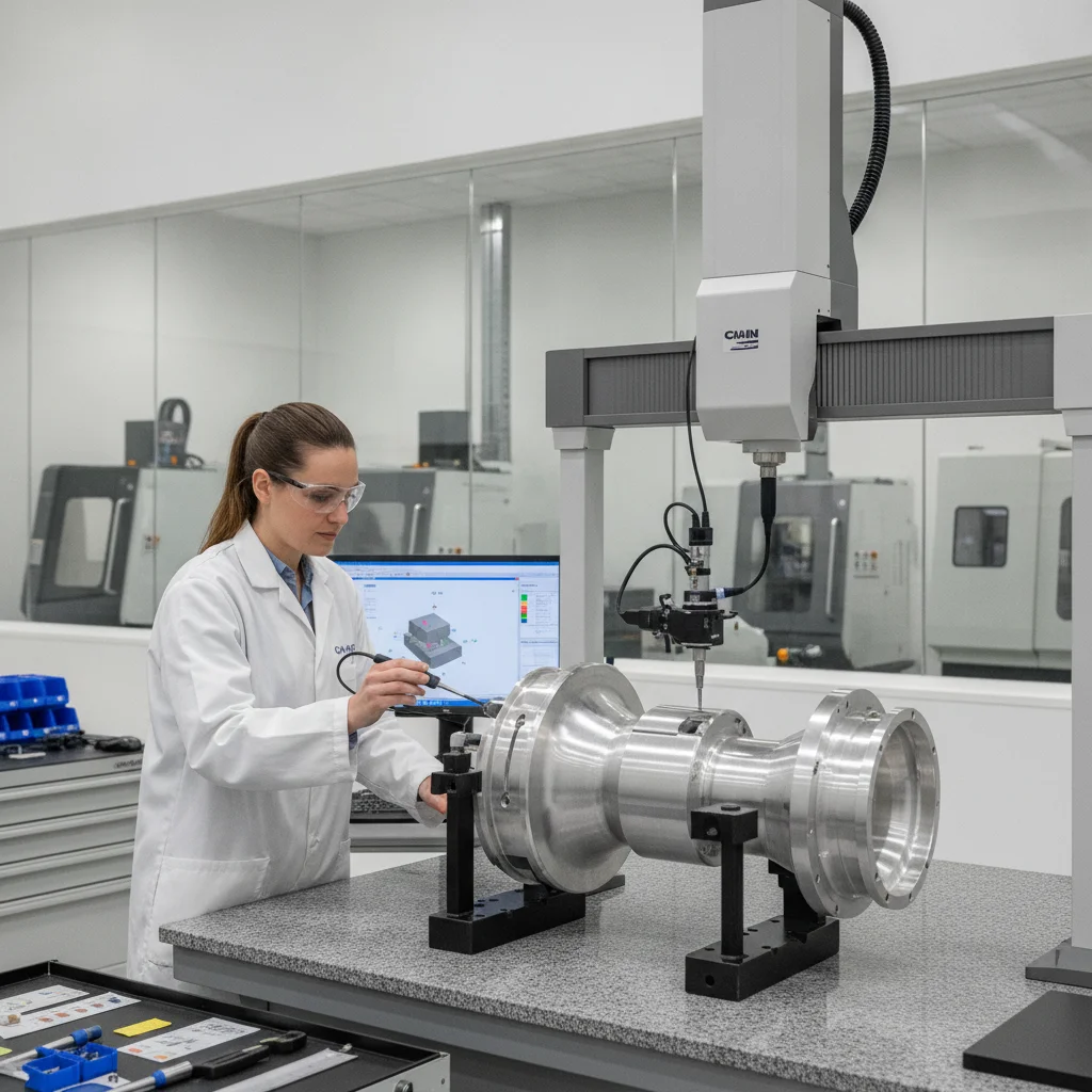 Quality engineer using CMM to inspect advanced CNC technologies precision machined component