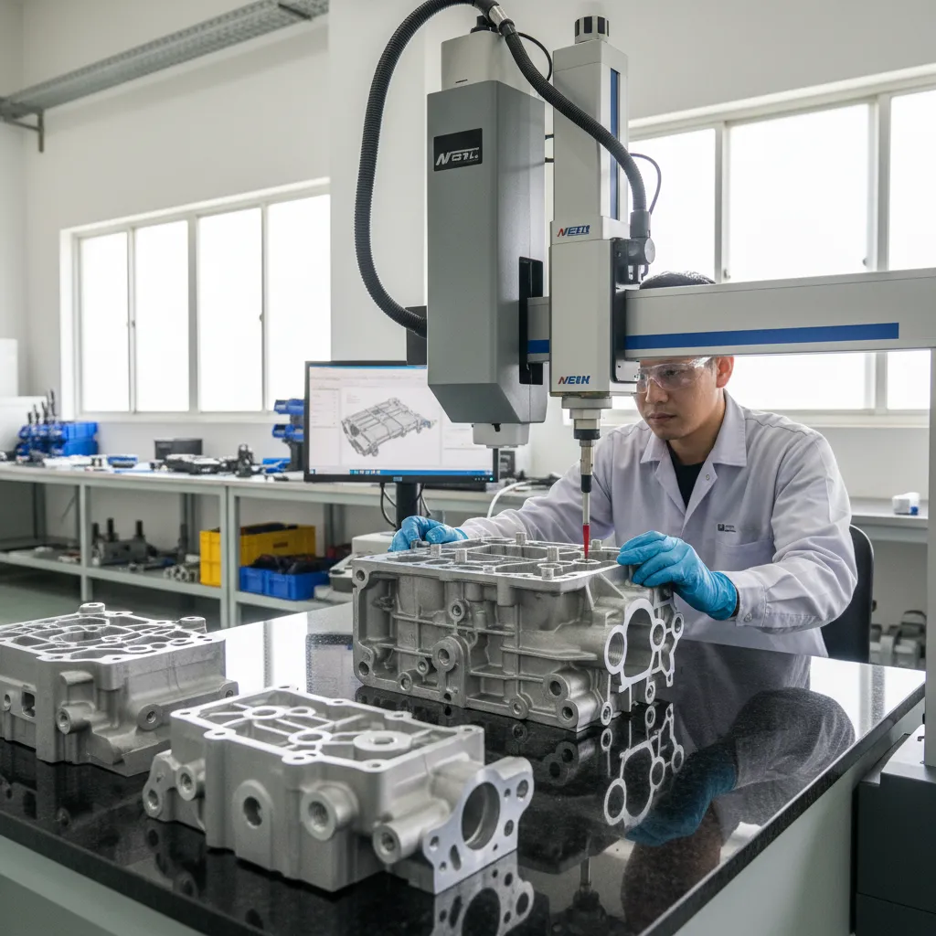 quality inspector using CMM to measure automotive zinc die casting parts in precision manufacturing facility