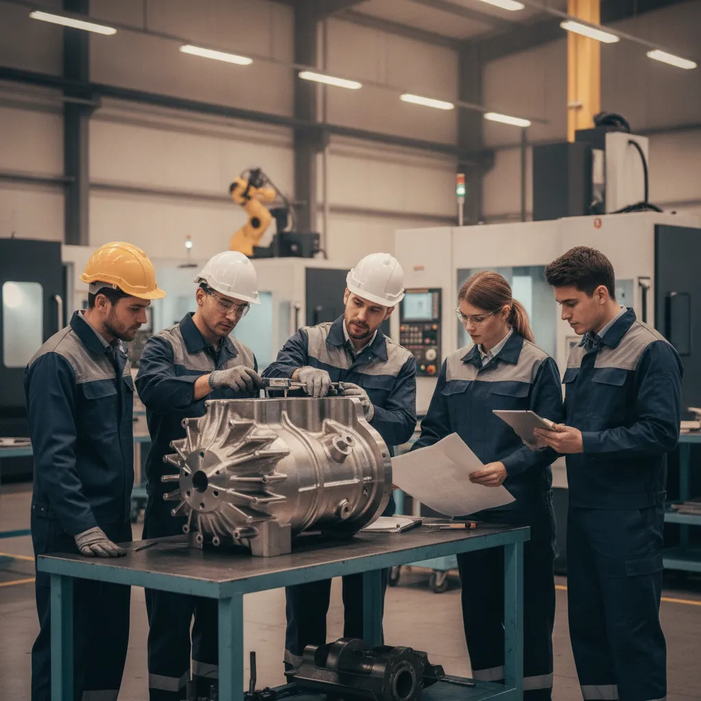 Precision casting corp team inspecting copper alloy components in a manufacturing facility