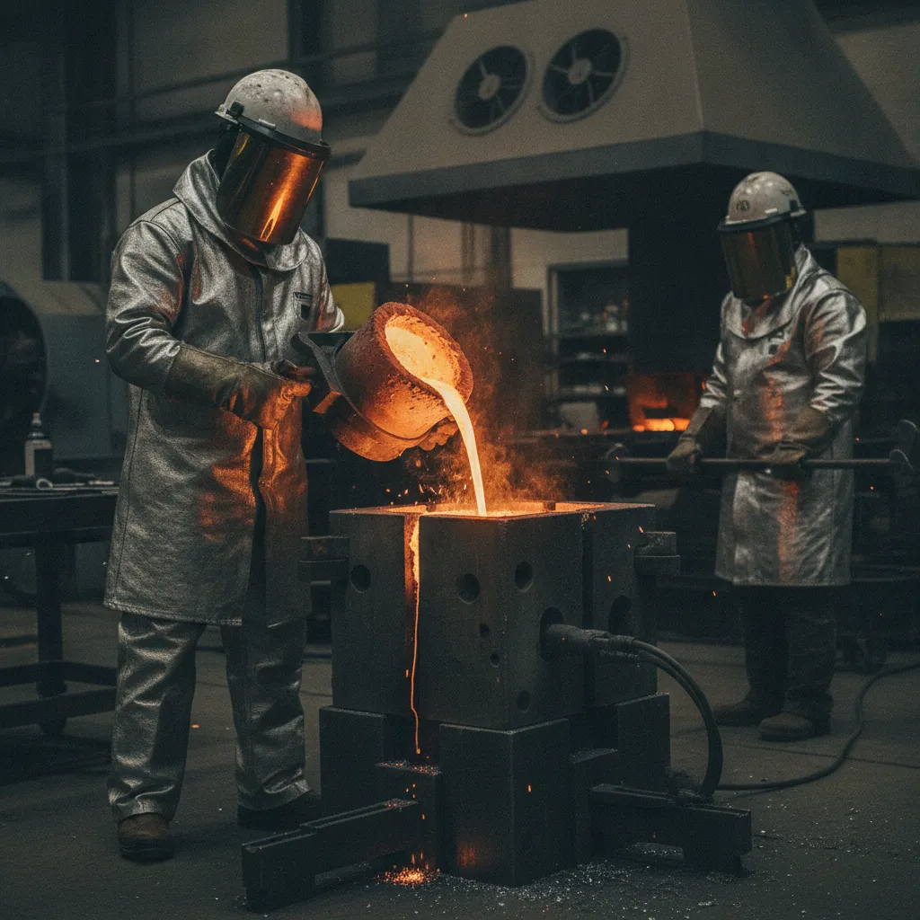 Permanent mold chill casting process at a precision casting corporation showing copper alloy pouring