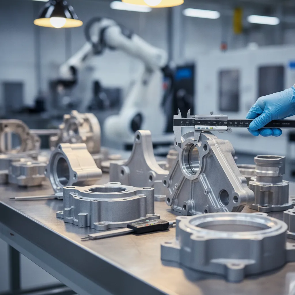 finished american precision die casting aluminum automotive components on quality inspection table