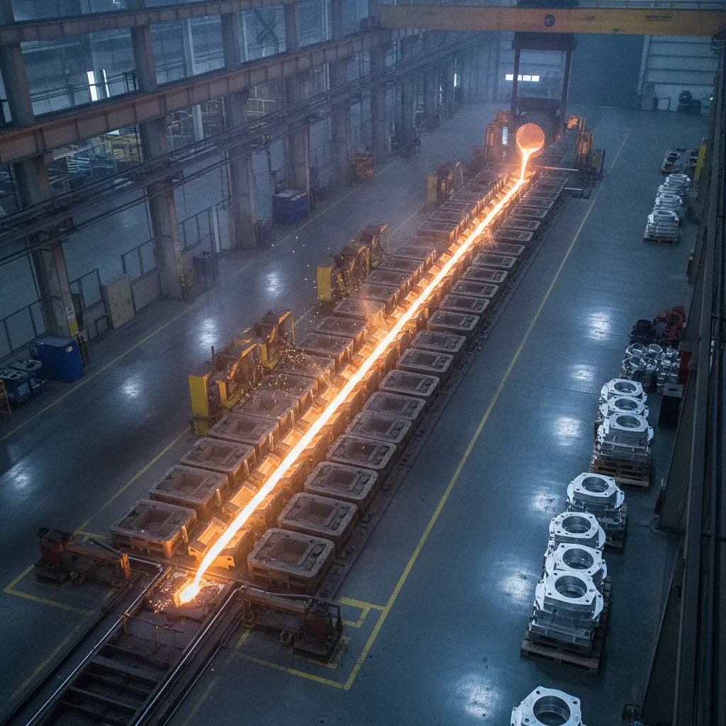 precise cast process showing molten aluminum being poured into precision casting molds in a manufacturing facility