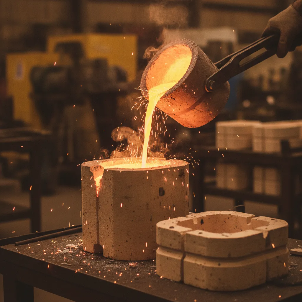 Molten metal poured into ceramic mold during investment and precision casting process