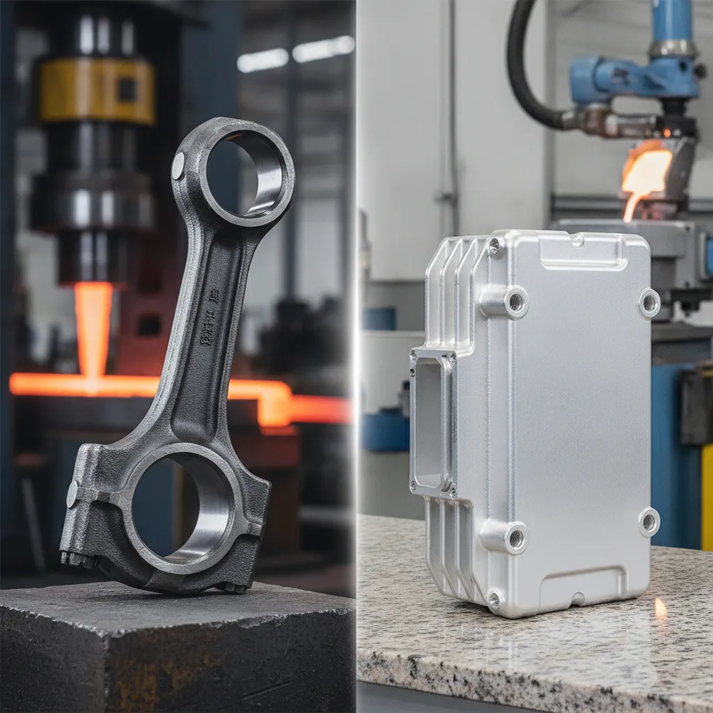 forging and die casting parts side by side comparison of forged steel connecting rod and aluminum die cast housing
