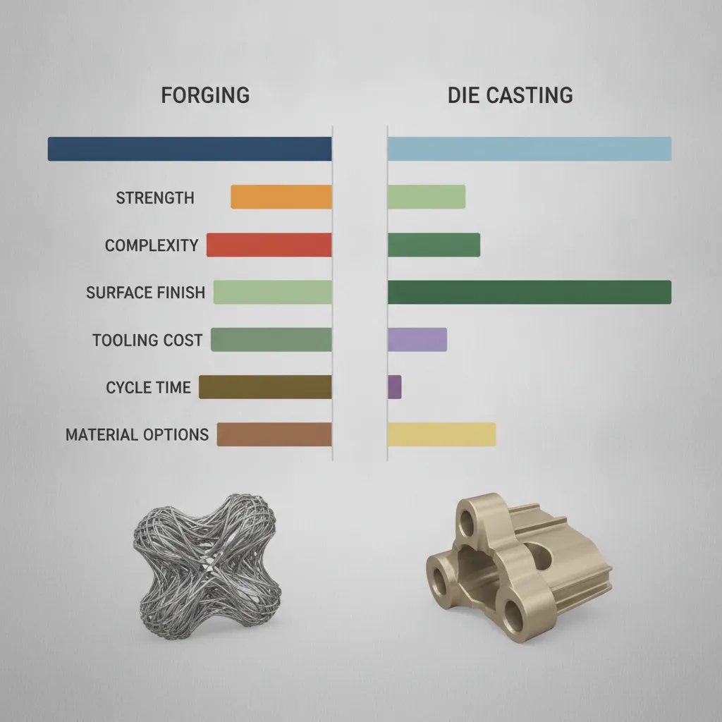 forging and die casting parts comparison chart showing strength complexity cost and surface finish differences