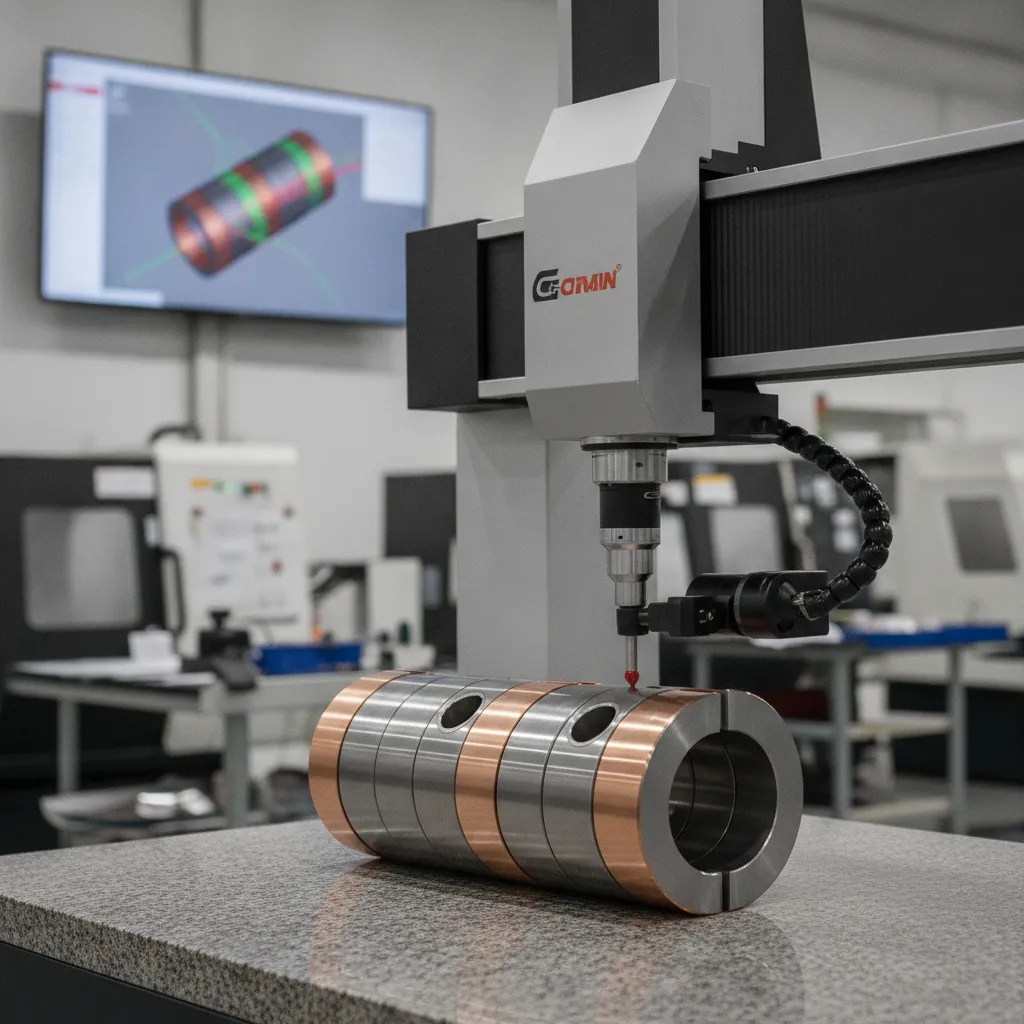 CMM quality inspection of bi-metal banding CNC machining component verifying tight tolerances