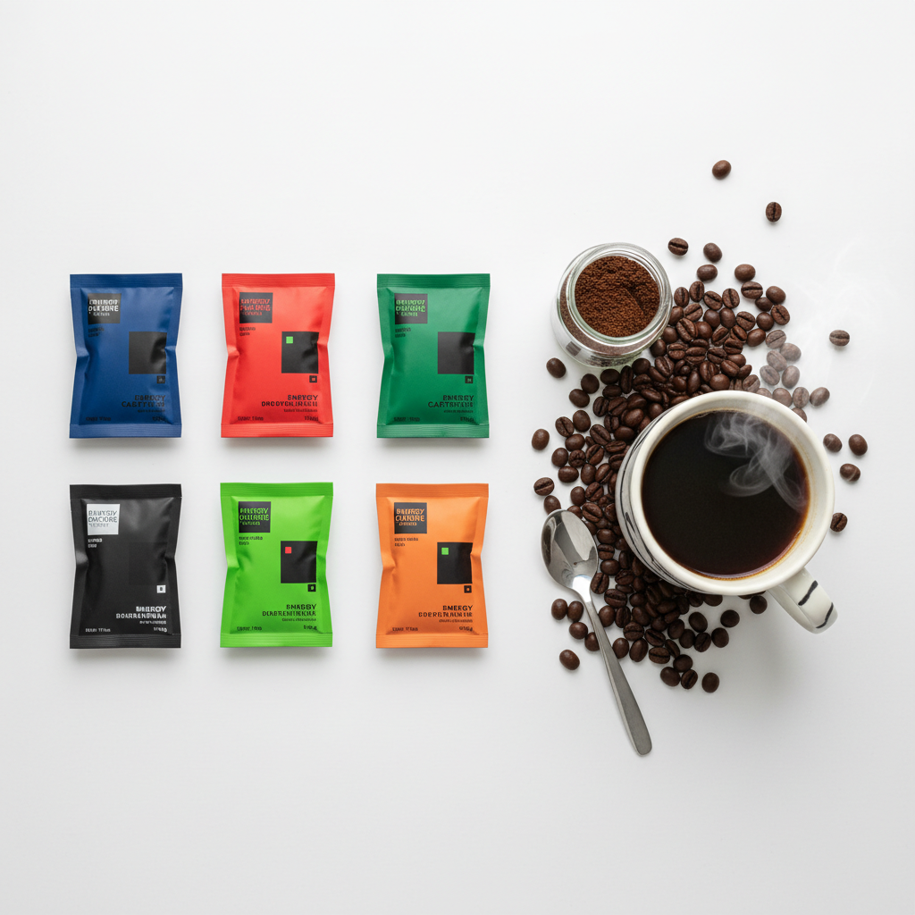 vergelijking energiezakjes merken versus koffie bovenaanzicht