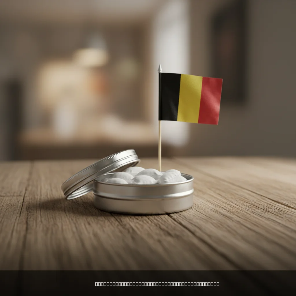 nicotinezakjes in België op een tafel naast een Belgische vlag