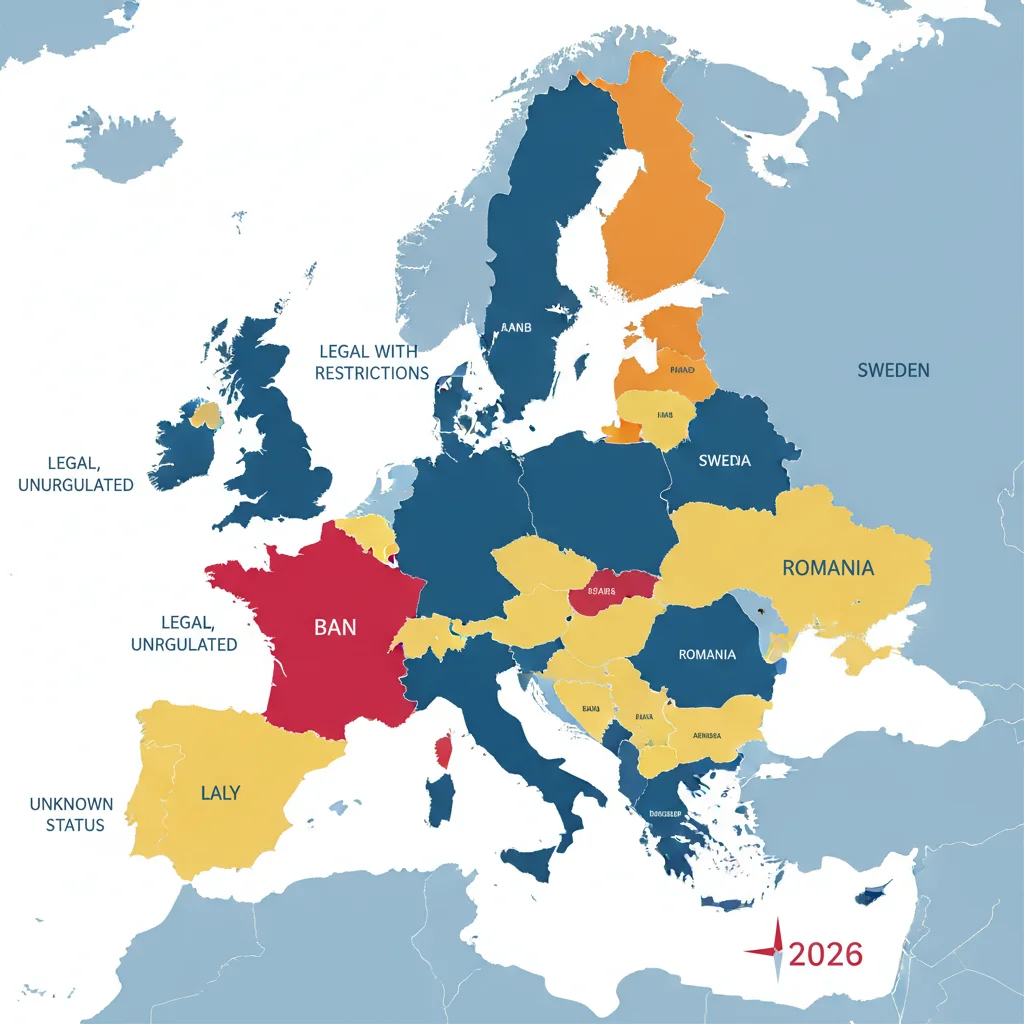 Kaart van Europa met de juridische status van nicotinezakjes per land in 2026, met Frankrijk rood gemarkeerd als verboden