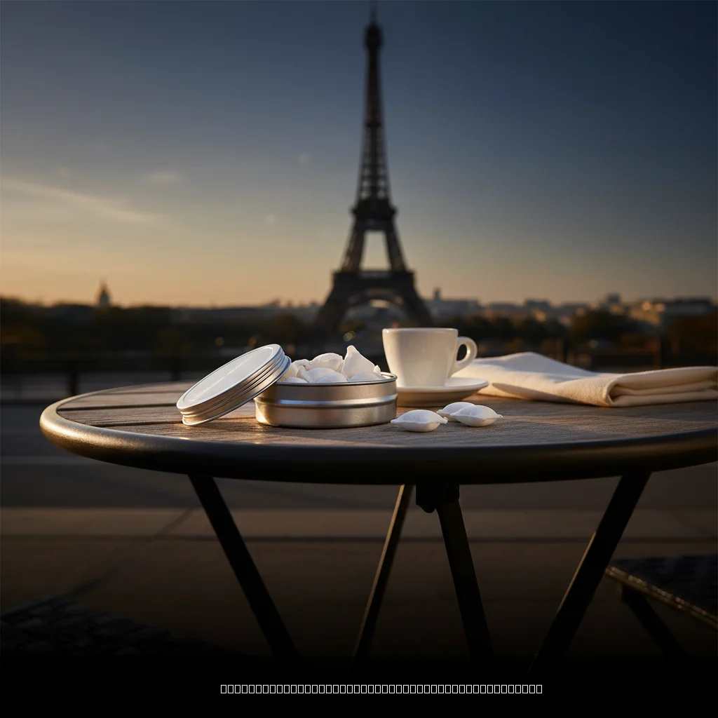 Nicotinezakjes in Frankrijk op een cafétafel met de Eiffeltoren op de achtergrond
