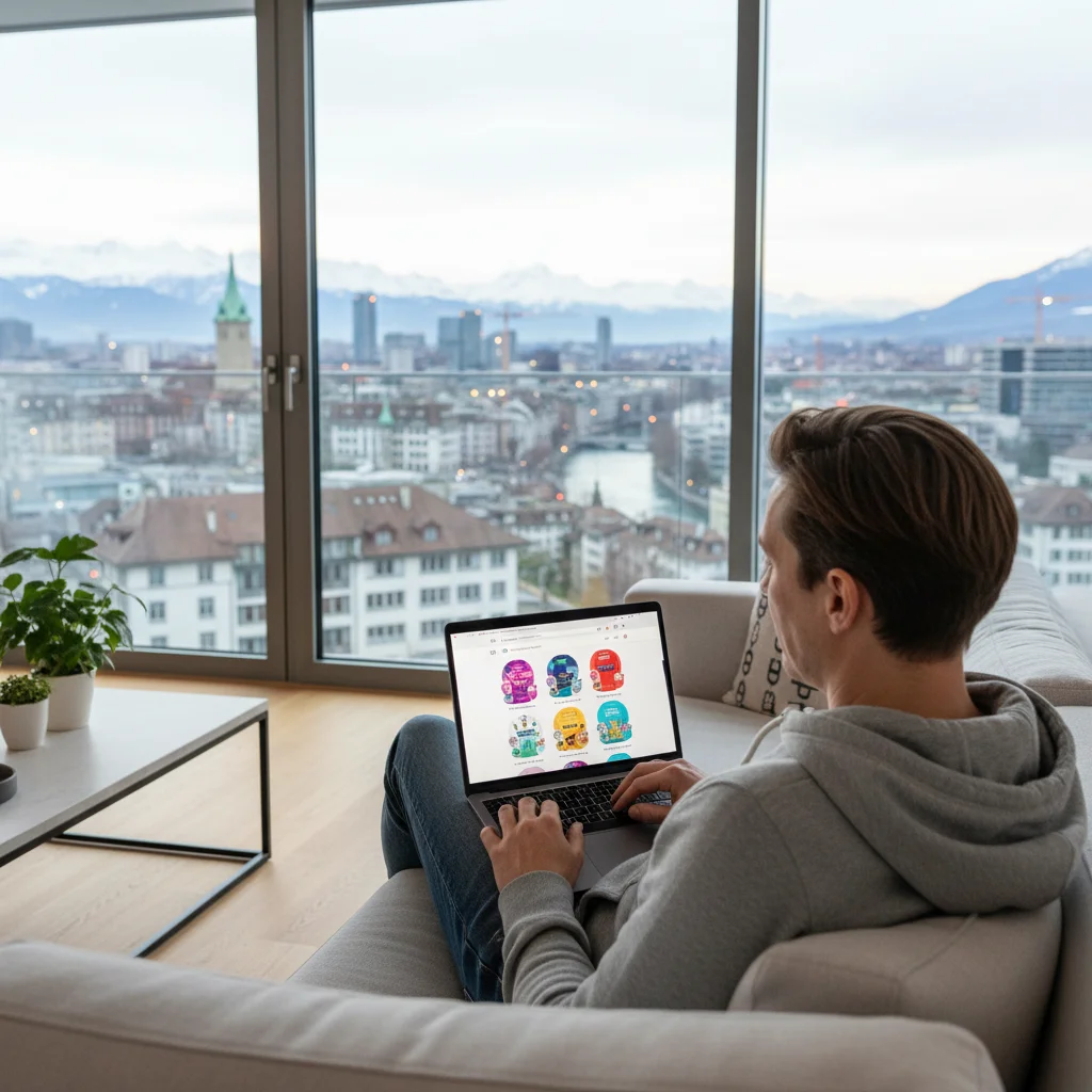 Online nicotinezakjes in Zwitserland bestellen via een laptop