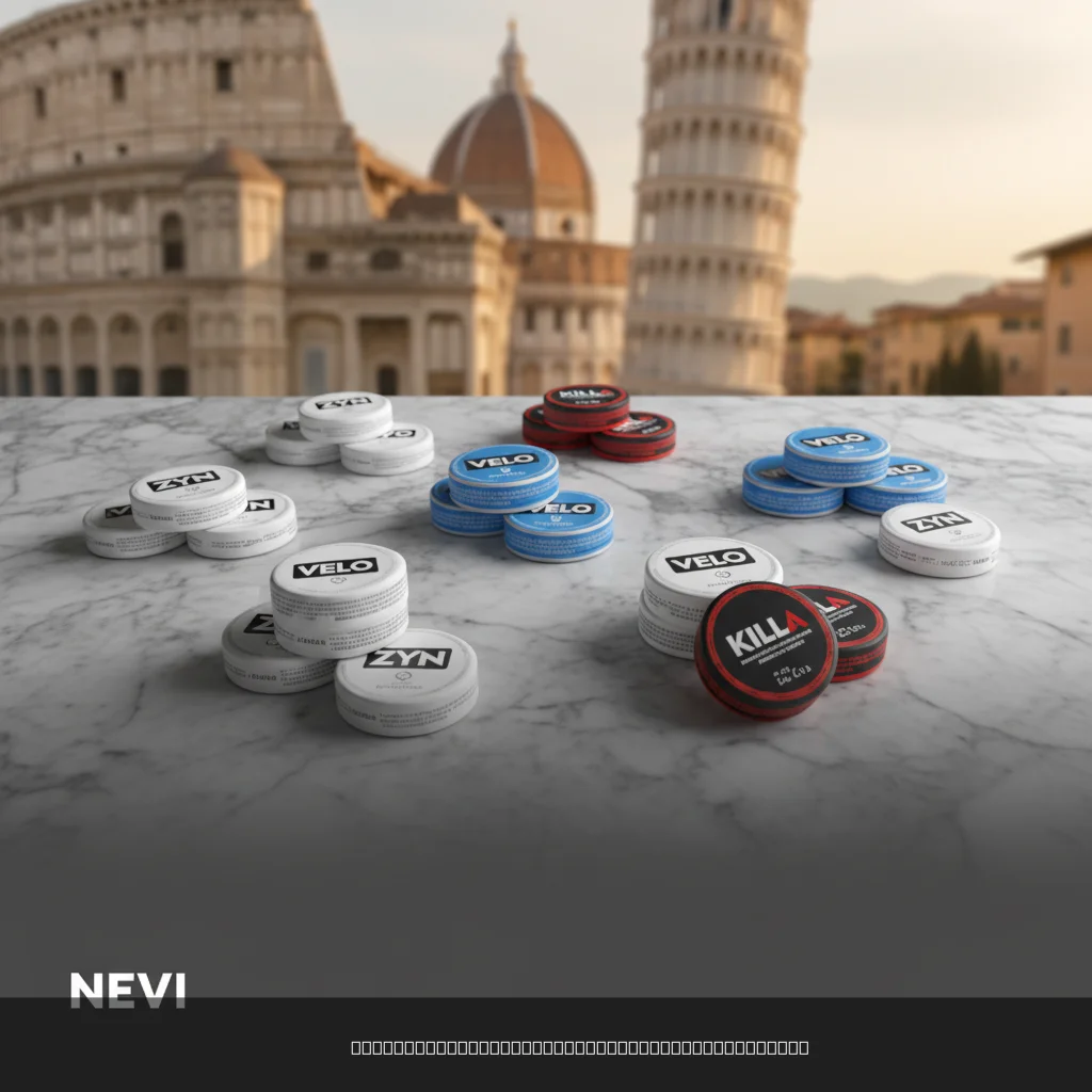 Nicotinezakjes in Italië: verschillende merken zoals ZYN en VELO op een marmeren ondergrond