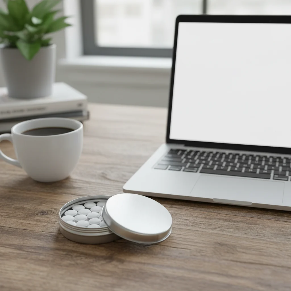 Open blikje nicotinezakjes zonder tabak op een bureau naast laptop en koffie