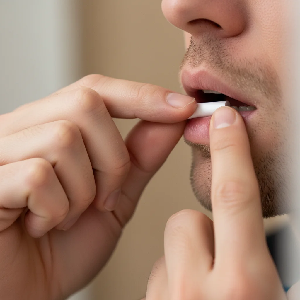 Hand die een slim nicotinezakje zonder tabak onder de bovenlip plaatst