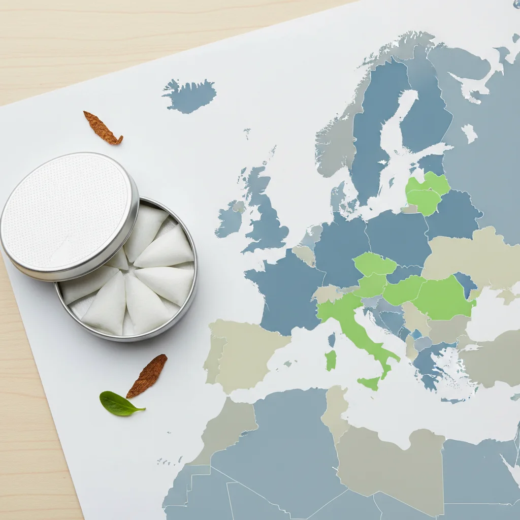 Nicotinezakje blikje open met witte zakjes naast een Europese kaart, illustratie bij het onderwerp wat zijn nicotinezakjes en hun juridische status