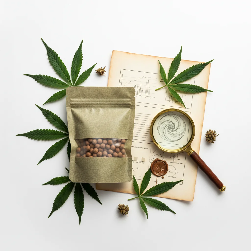 CBD zakje verpakking met laboratoriumcertificaat voor kwaliteitscontrole stressverlichting