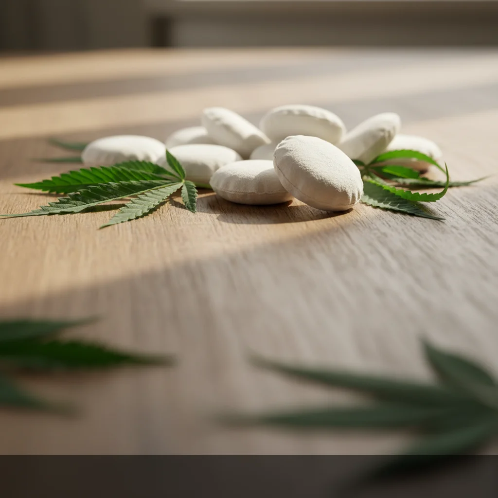 CBD zakjes stressverlichting op houten ondergrond met hennepbladeren