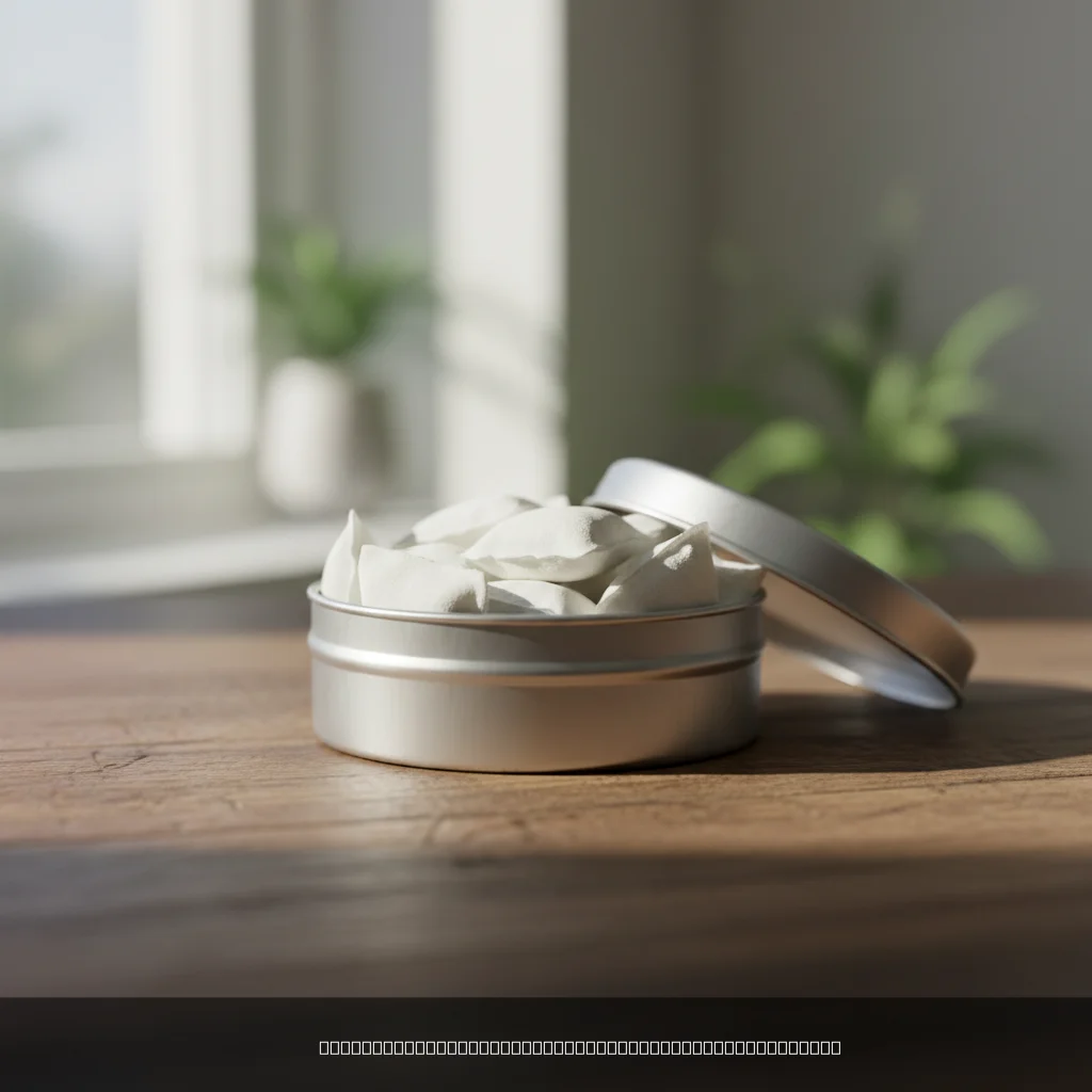 CBD zakjes legaal Nederland - witte CBD-pouches in een blikje op een houten ondergrond