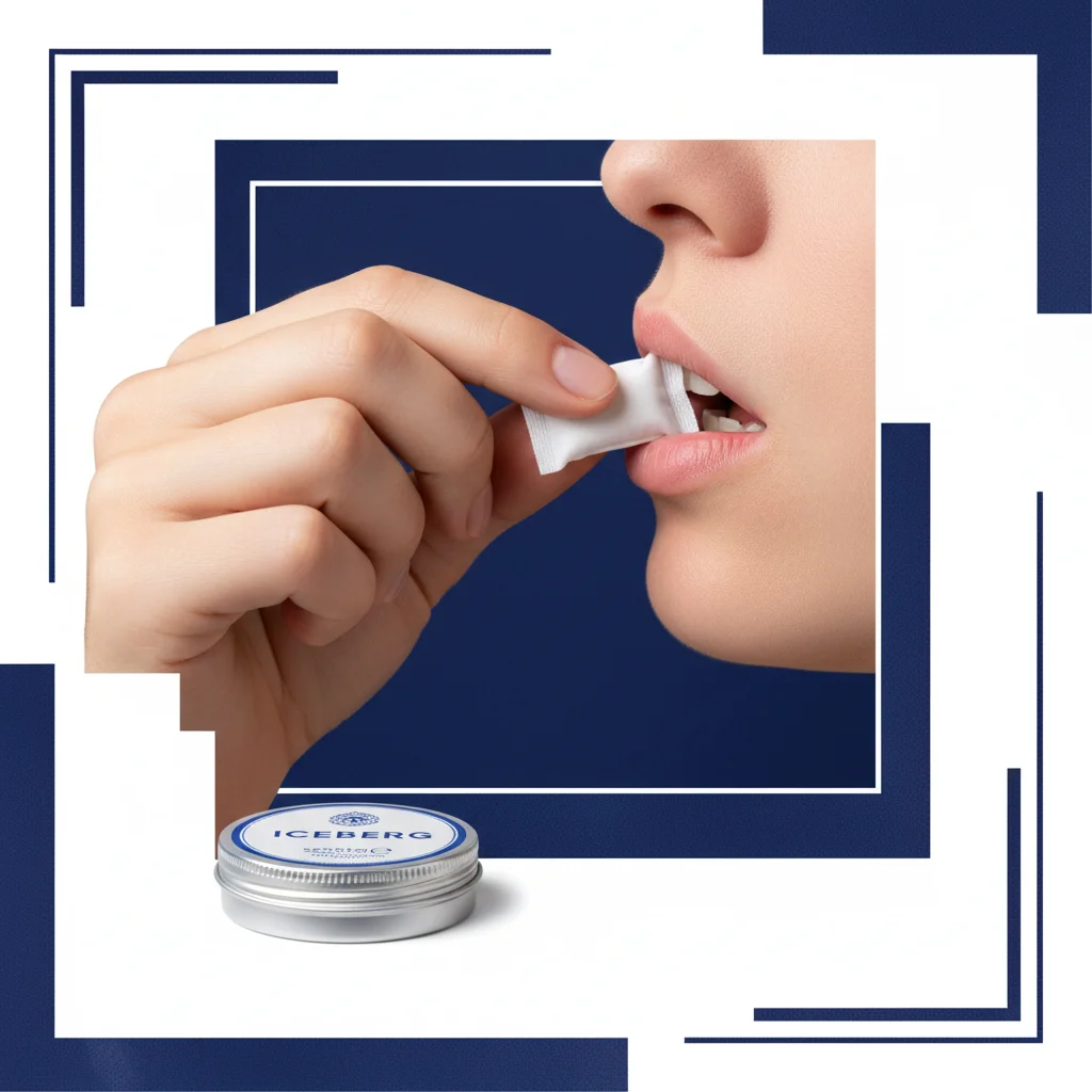 Slim formaat nicotinezakje wordt onder de lip geplaatst, demonstratie van het formaat en de discretie
